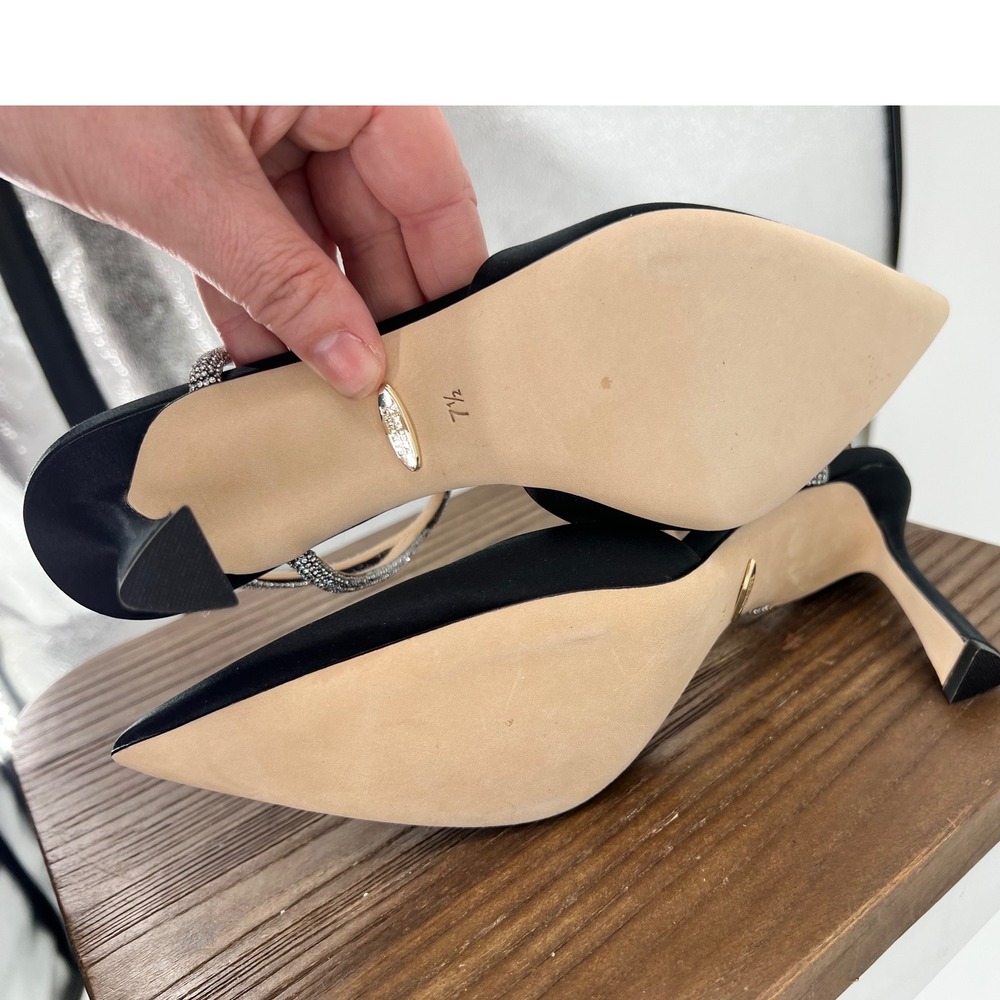 Badgley Mischka Kamilah Black Satin Crystal Ankle Strap Heels NWT 7.5 - Picture 6 of 10